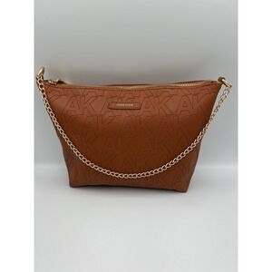 Anne Klein Womens Cognac Brown Embossed AK Logo Crossbody Bag Gold Chain Accent
